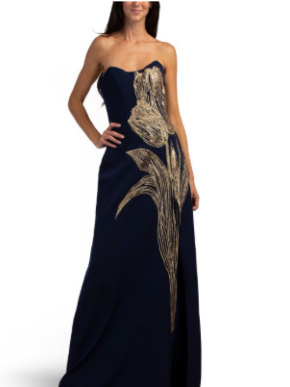 RENE BY RENE RUIZ
Strapless Navy Evening Gown with Gold Floral Embroidery